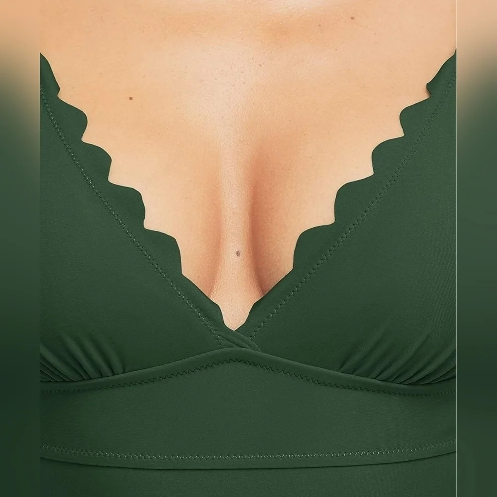 Women High Cut One Piece Swimsuit Scalloped Padded Swimwear Backless Bathingsuit